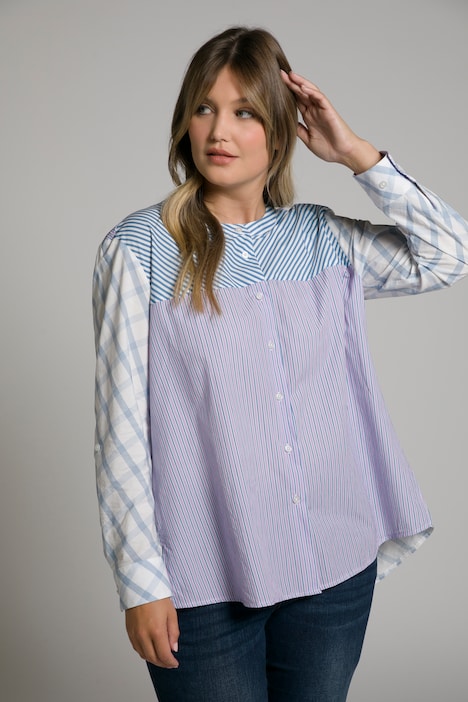 Bluse, Streifen, Oversized, Stehkragen, Langarm