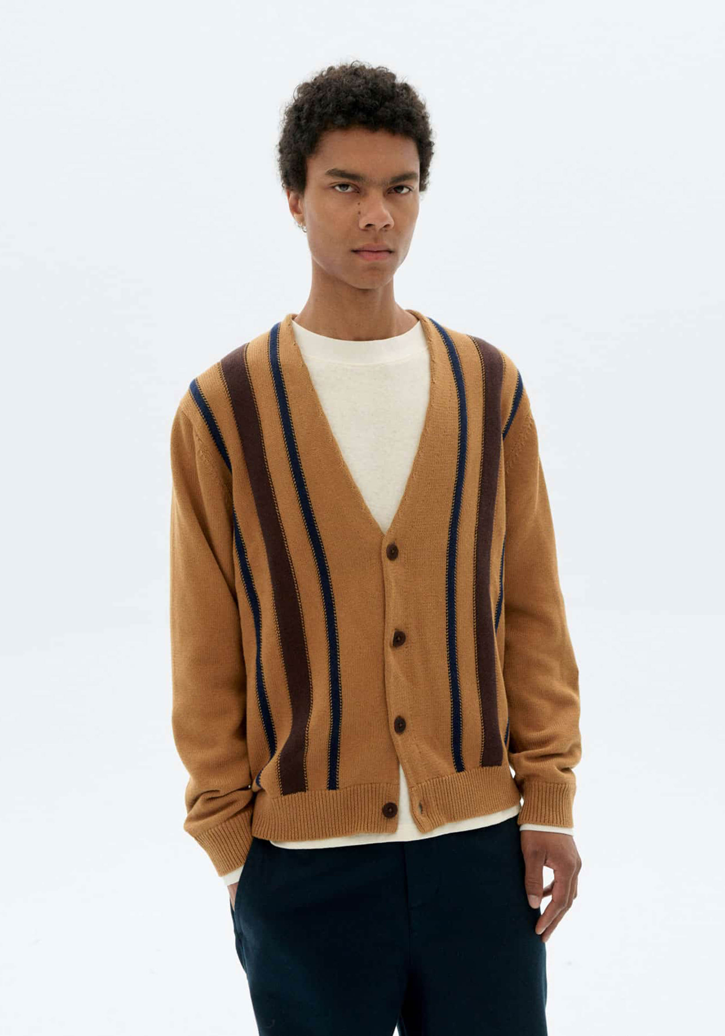 Thinking Mu Strick-Cardigan Stripes Creed Brown