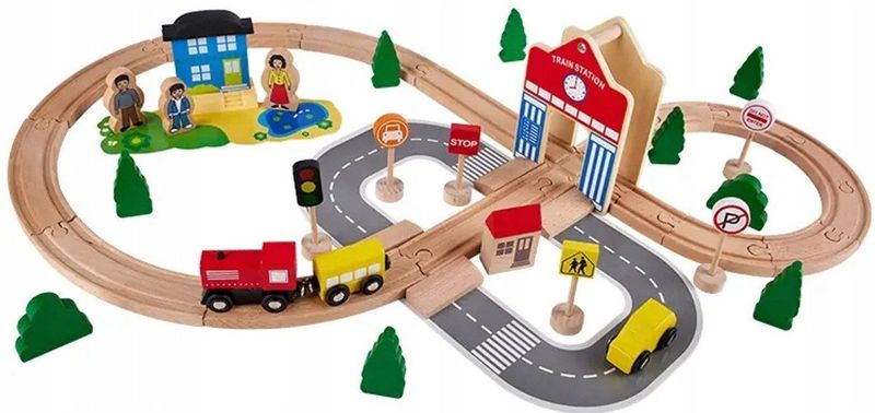 Houten Treinbaan Set met Stad & Voertuigen