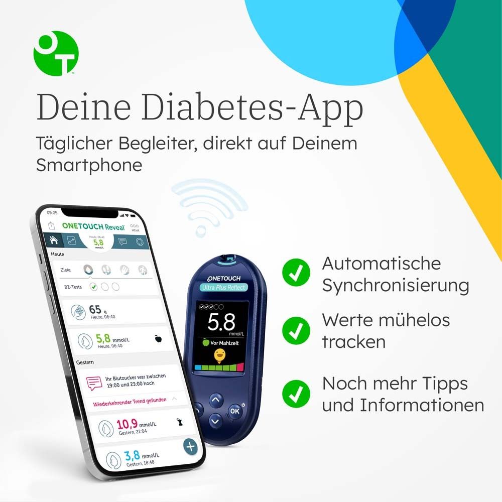 OneTouch Ultra Plus Reflect® Diabetes Starter-Set mmol/l, 40 Teststreifen, 40 sterile Lanzetten, 1 Stechhilfe