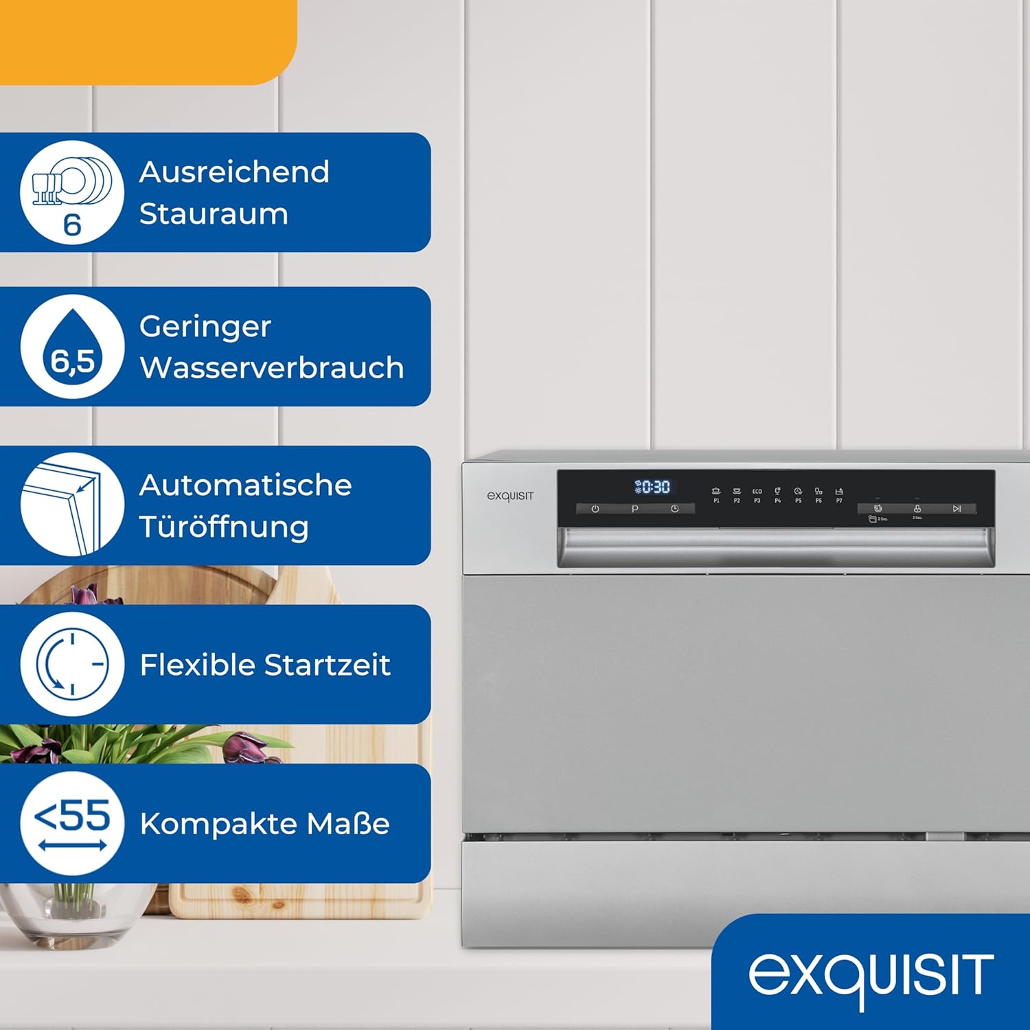 Exquisit Mini-Geschirrspüler, Tischspülmaschine, 55 cm breit, spülmaschine klein, Auto Türöffner, ECO-Modus, GSP5206-030D silber