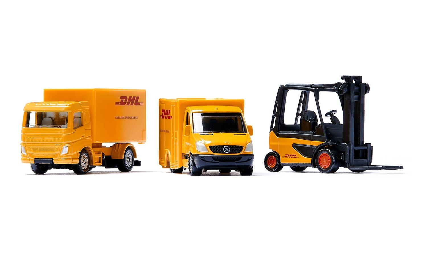 DHL Logistik Set 3 FahrzeugeSiku Super Geschenkset mit Lastwagen, Lieferwagen und Gabelstapler