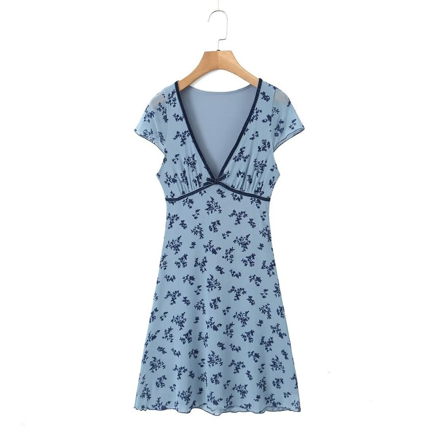 Susaine - Mini-zomerjurk met korte mouwen, V-hals en bloemenprint