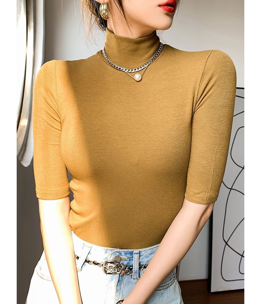 Sensarra - Effen T-shirt met hoge hals en elleboogmouwen