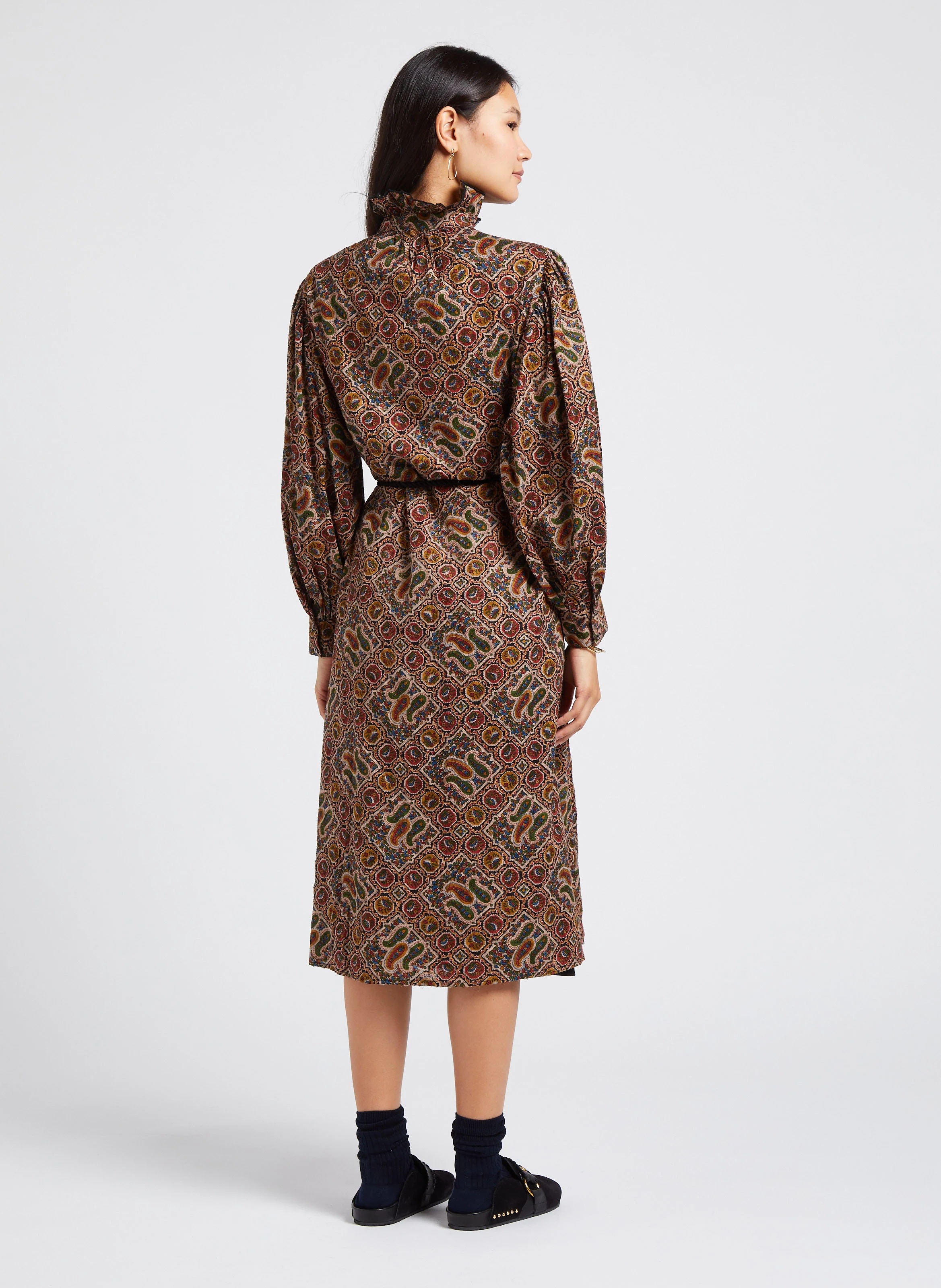 ZINA - Robe longue droite col victorien en coton | Multicolore