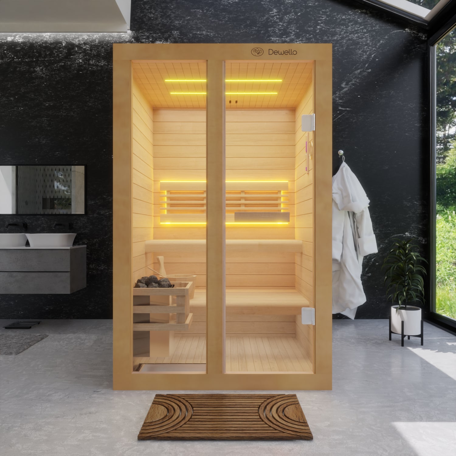 Dewello Finnische Sauna TOFINO 120x140 Kabine aus Hemlock Tannenholz mit 3,5 kW Harvia Ofen, inkl Sauna Set