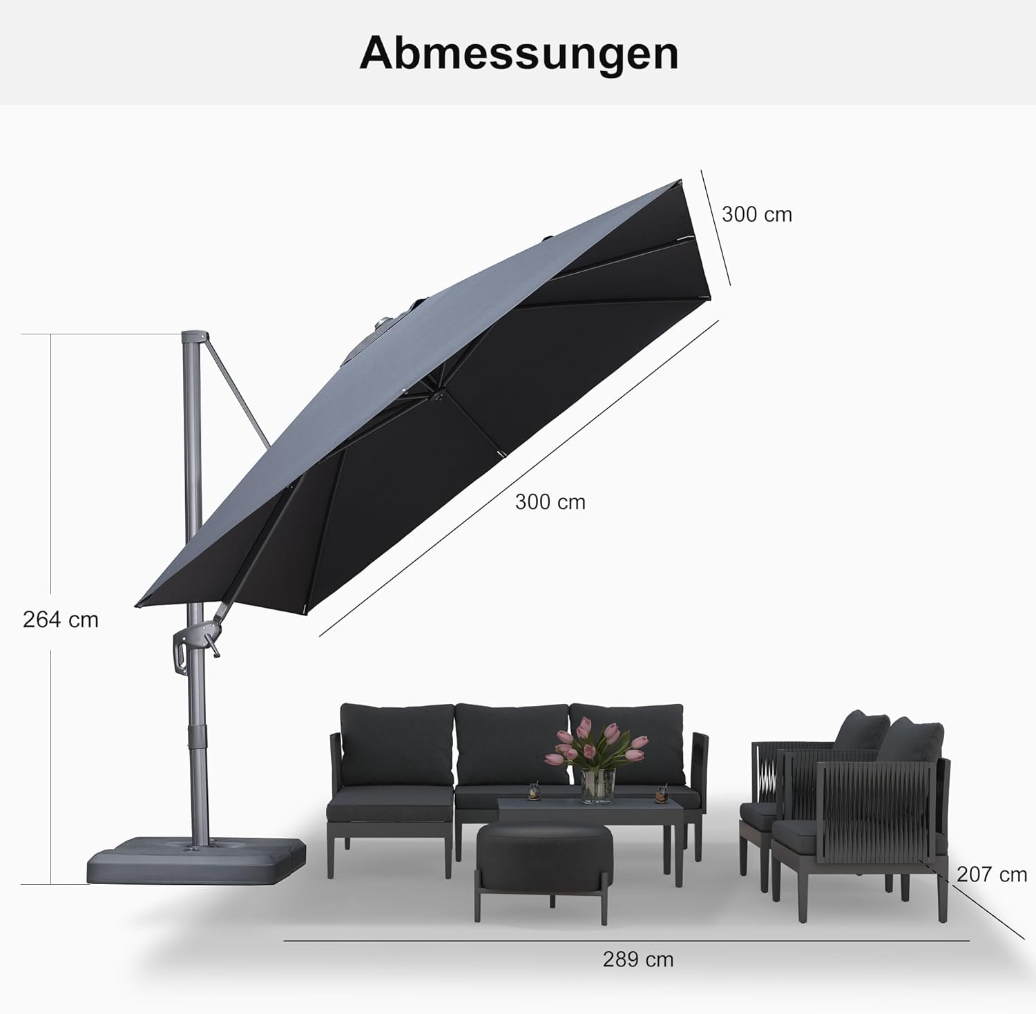 PURPLE LEAF Ampelschirm 300 x 300 cm Sonnenschirm aus Acrylimitat, Gartenschirm mit Kurbel, Gestell Aluminium, 360° Rotation, Wasserabweisend, Sonnenschutz UV50+, Graphitgrau