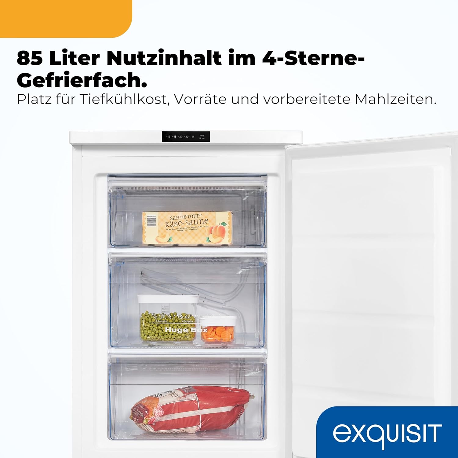 Exquisit Gefrierschrank | 85 l Nutzinhalt, Energieeffizienzklasse D, 38 dB(A) | kompakte Bauform, 4-Sterne-Gefrieren, elektronische Temperaturregelung, Schnellgefrieren | GS581-HE-010D weiss