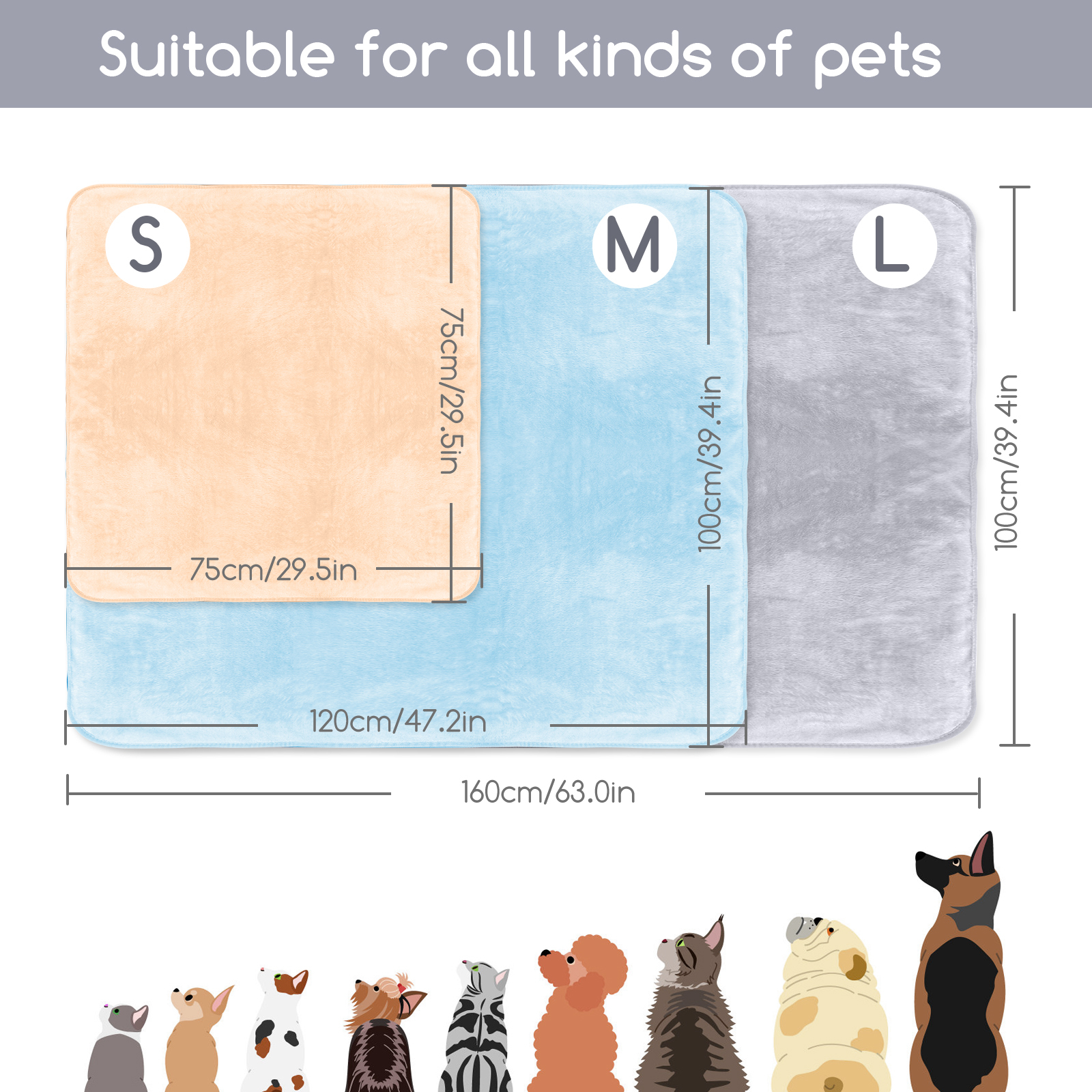 Manta de pelúcia macia Nobleza para cães, gatos e outros animais de estimação, lavável, cinza, 100*120cm