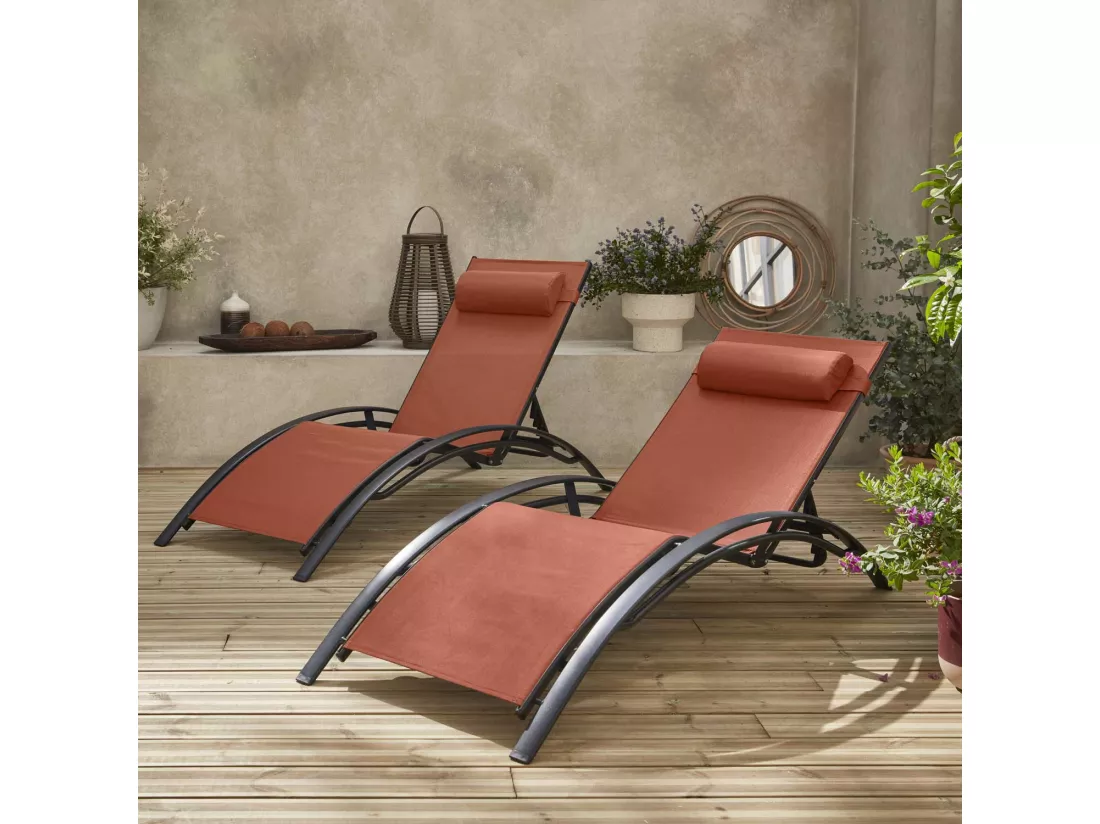 Duo de bains de soleil aluminium - Louisa terracotta- Transats aluminium et textilène