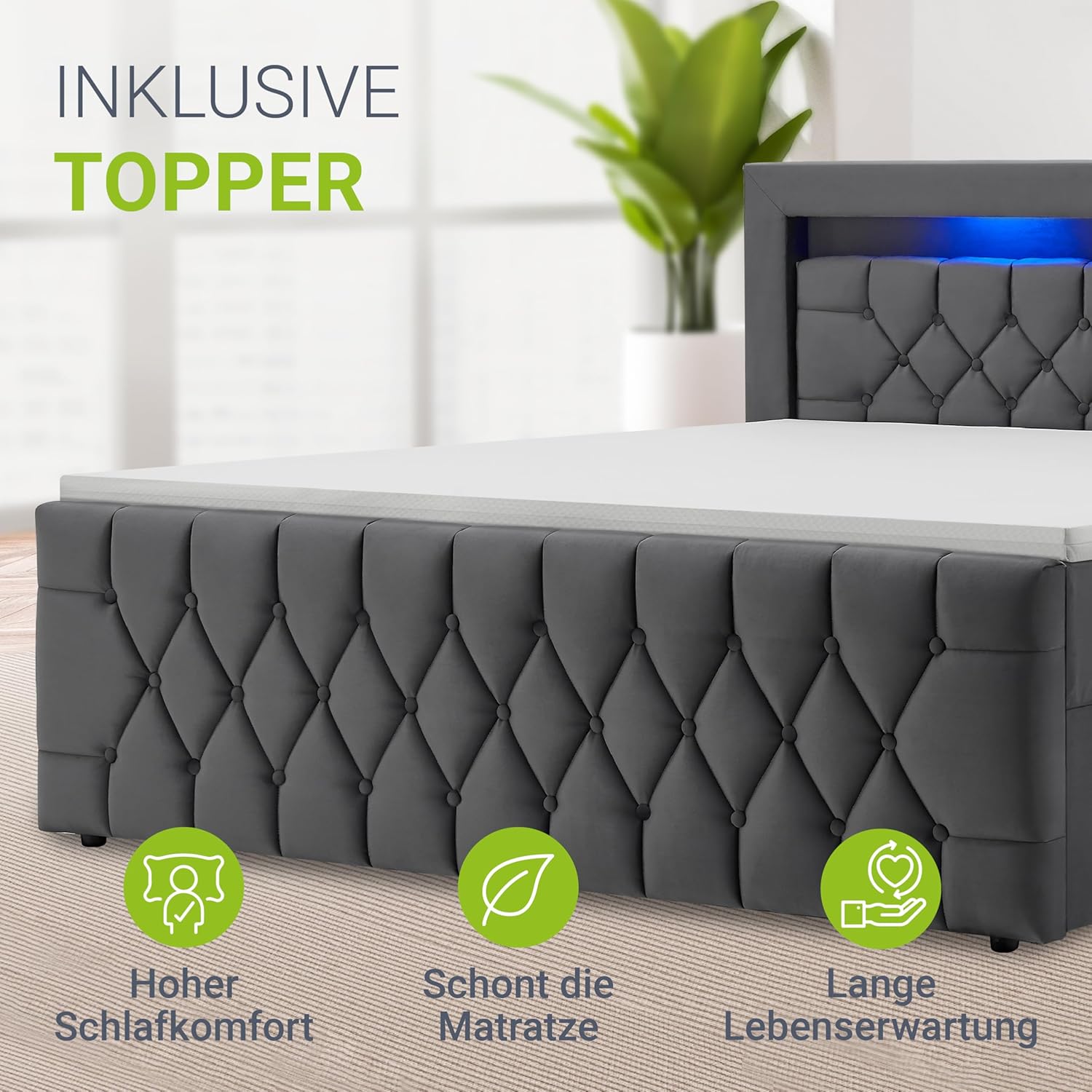 Juskys Boxspringbett Leona 140x200 cm - Bett mit LED Beleuchtung, Topper & H4 Federkern Matratzen - Einzelbett Grau mit Samt und Steppung