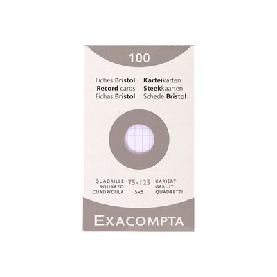 Exacompta - Pack de 100 Fiches bristol - 7,5 x 12,5 cm - petits carreaux - blanc