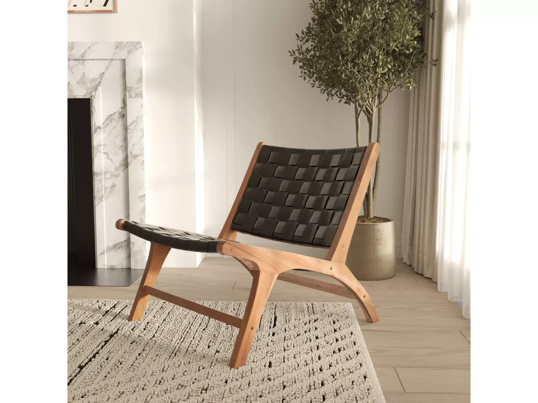 Fauteuil en teck et cuir tréssé noir - Kuna