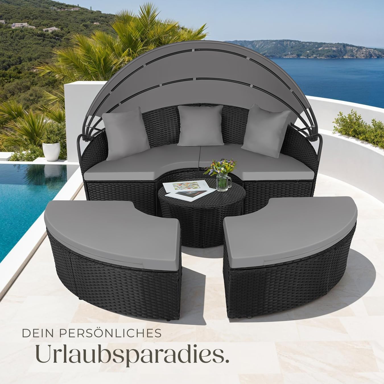 tectake® Lounge Muschel Sonneninsel Outdoor wetterfest, Gartenmuschel, Sonnenliege 2 Personen und mehr, multifunktionales Terrasse oder Balkon Möbel, Gartenliege wetterfest - schwarz