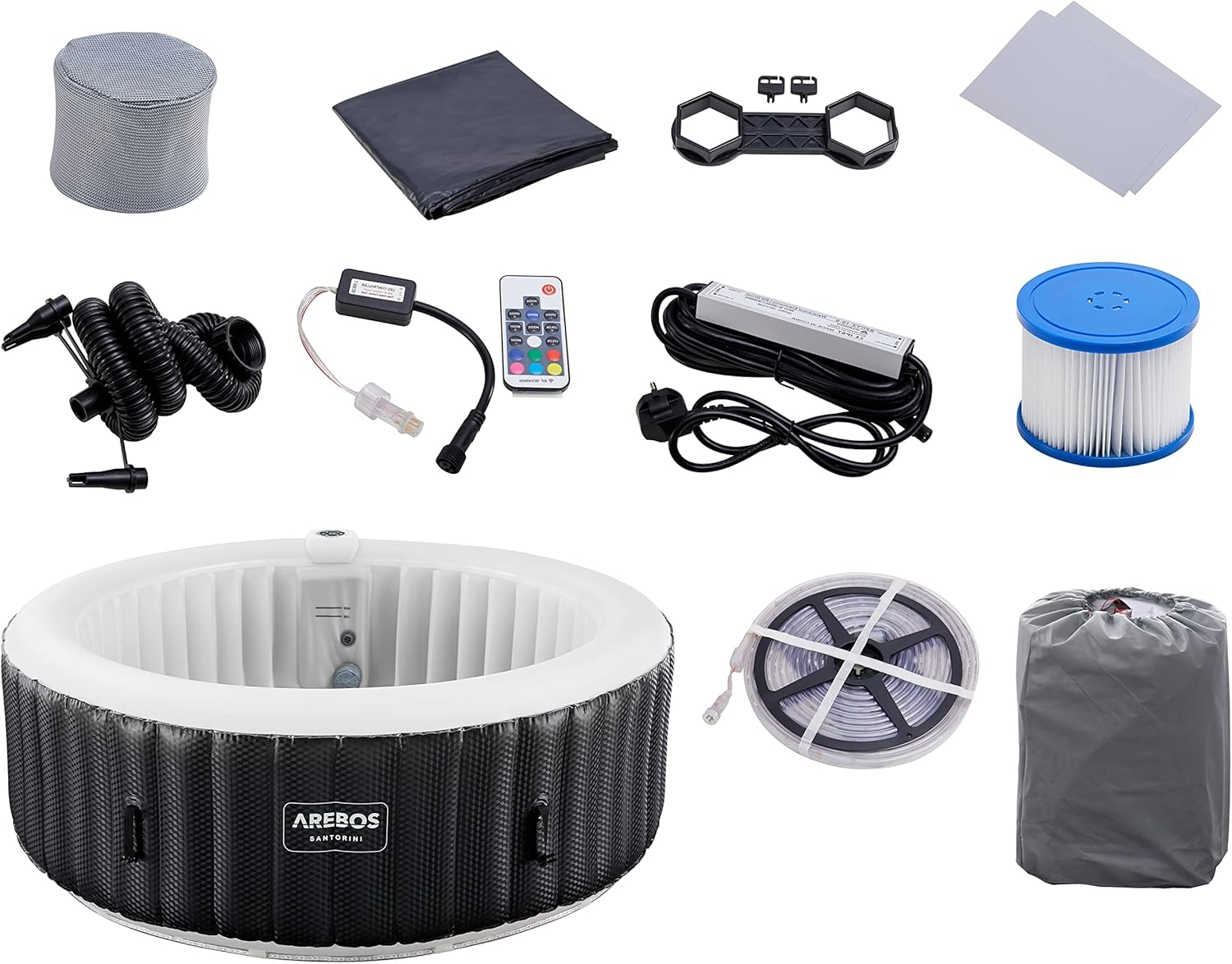 Arebos Whirlpool | automatisch aufblasbar | In & Outdoor | 6 Personen | ⌀ 208 cm | LED Leuchtband | 130 Massagedüsen | 1000 Liter | Inkl. Abdeckung | Bubble Spa & Wellness Massage