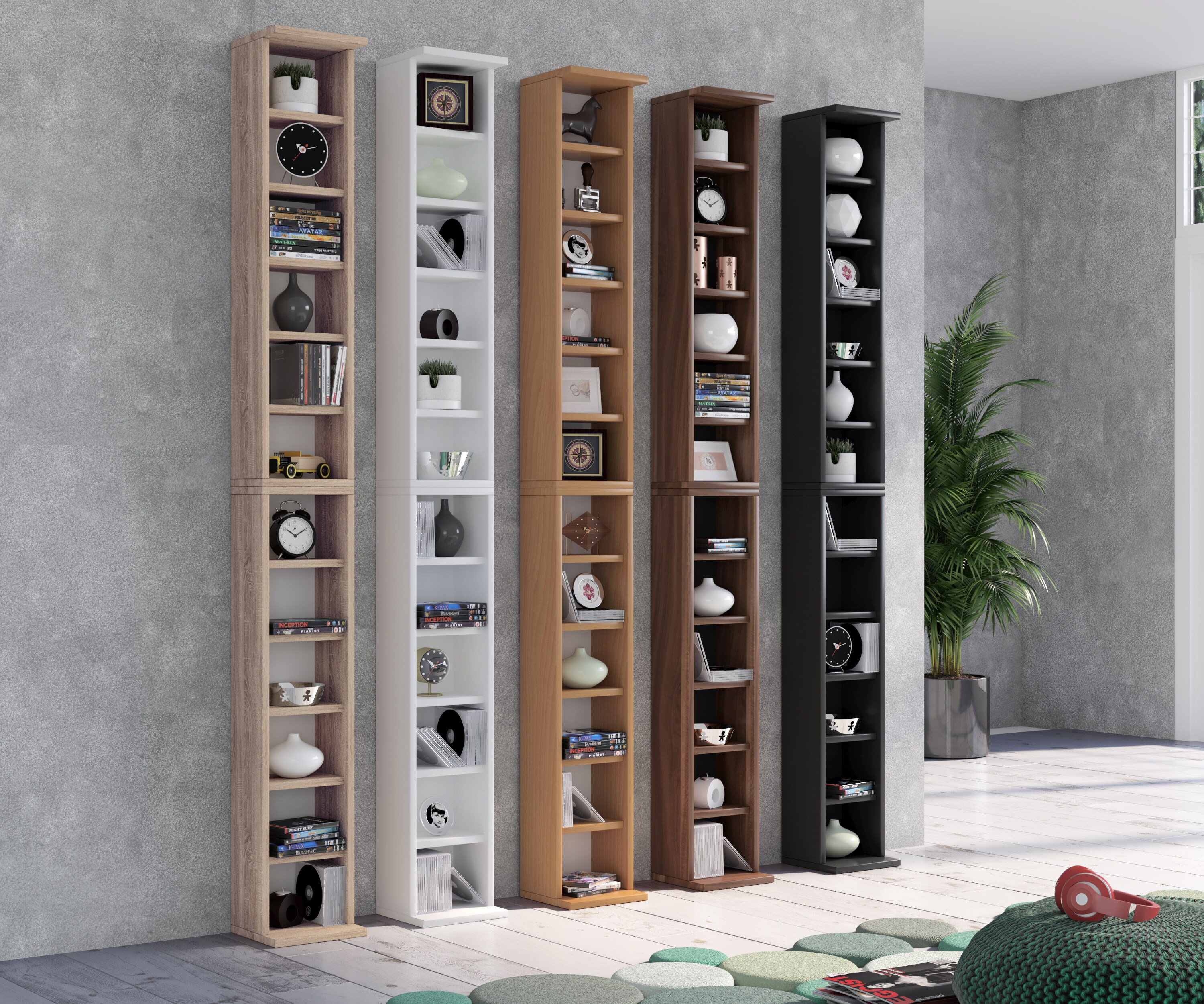 VCM CD Regal Holz Bigol | platzsparender CD Schrank für 204 CDs oder 72 DVDs | Maße: H. 180 x B. 21 x T. 20 cm | Elegantes DVD Regal stehend | Blu ray Regal | CD Regal