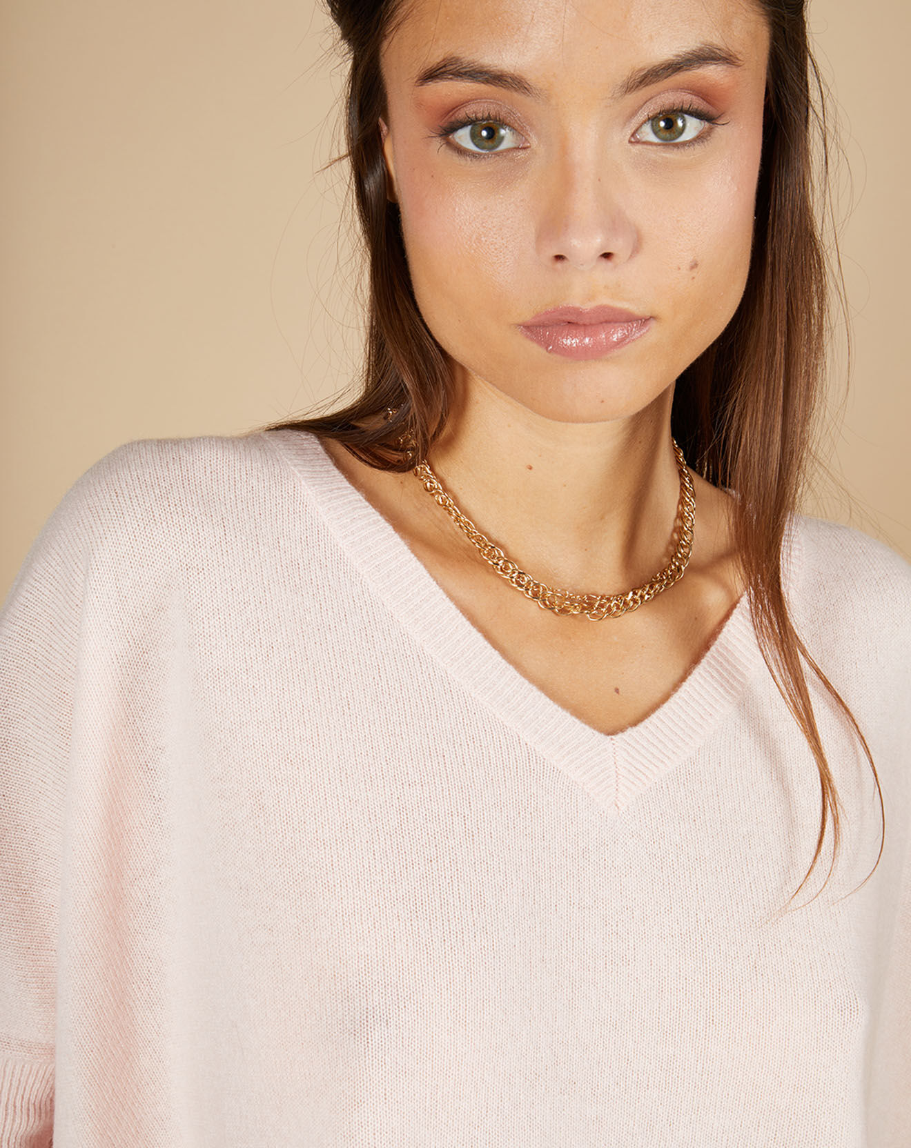 Cashmere Tribu Pull poncho 100% Cachemire Kelly col V manches courtes rose pâle
