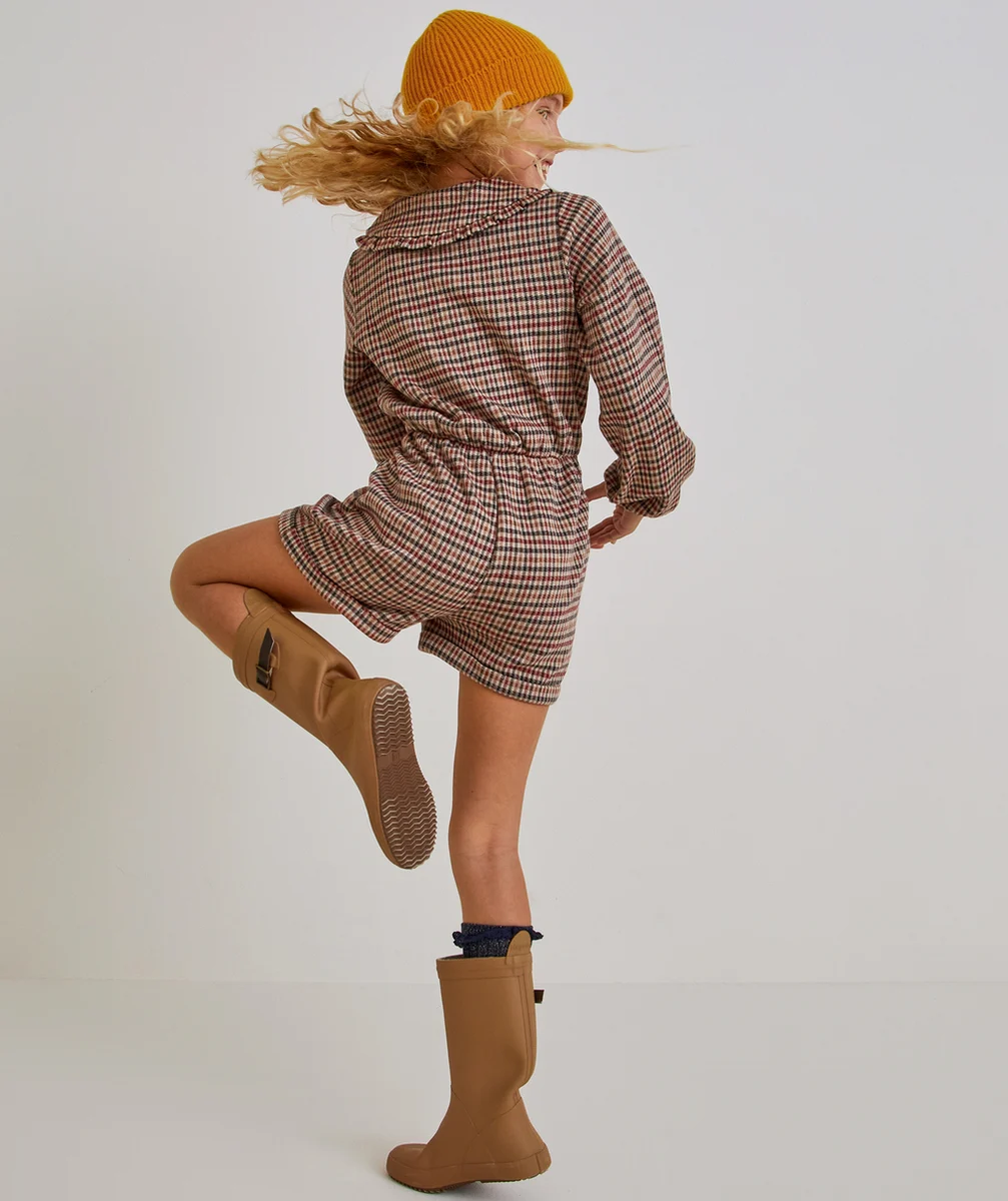 COMBISHORT FILLE EN FIBRES RECYCLÉES ET À CARREAUX AVEC COL CLAUDINE