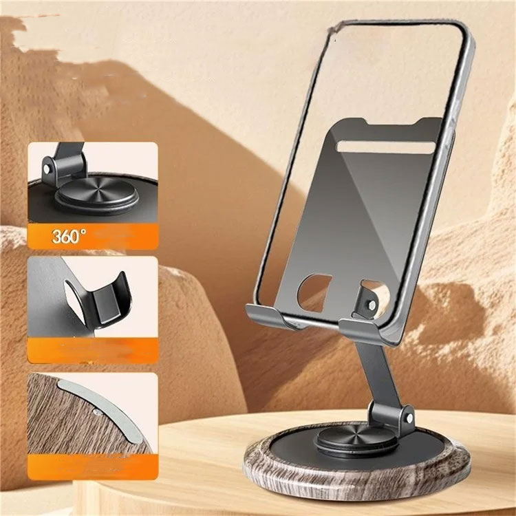 Universal Faltbare Carbon Smartphone Tischständer Halterung mit 360° Rotation mit Holz-Optik Basis - Grau