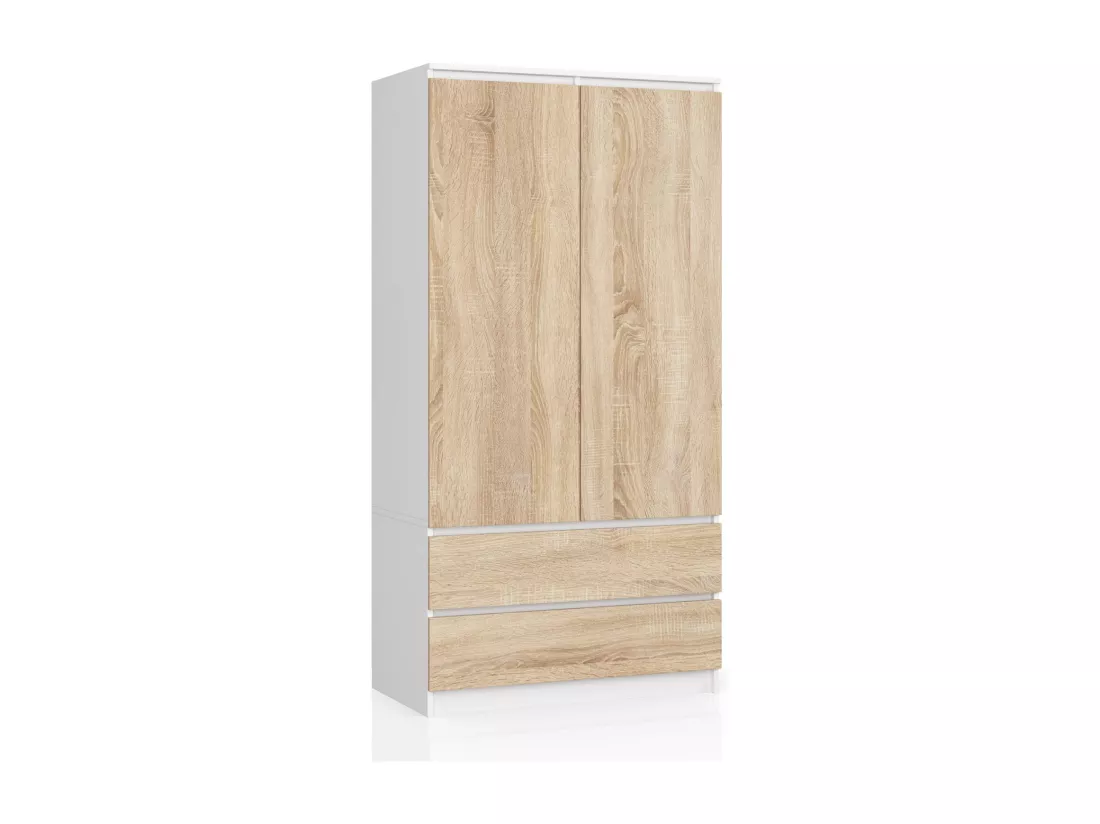 Armoire AKORD S90 Blanche 90 cm 2 portes 2 tiroirs façade Chêne Sonoma 4 étagères 90x51x180 cm
