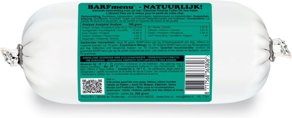 BARFmenu diepvries kattenvoer Natuurlijk rund en kip 250 g