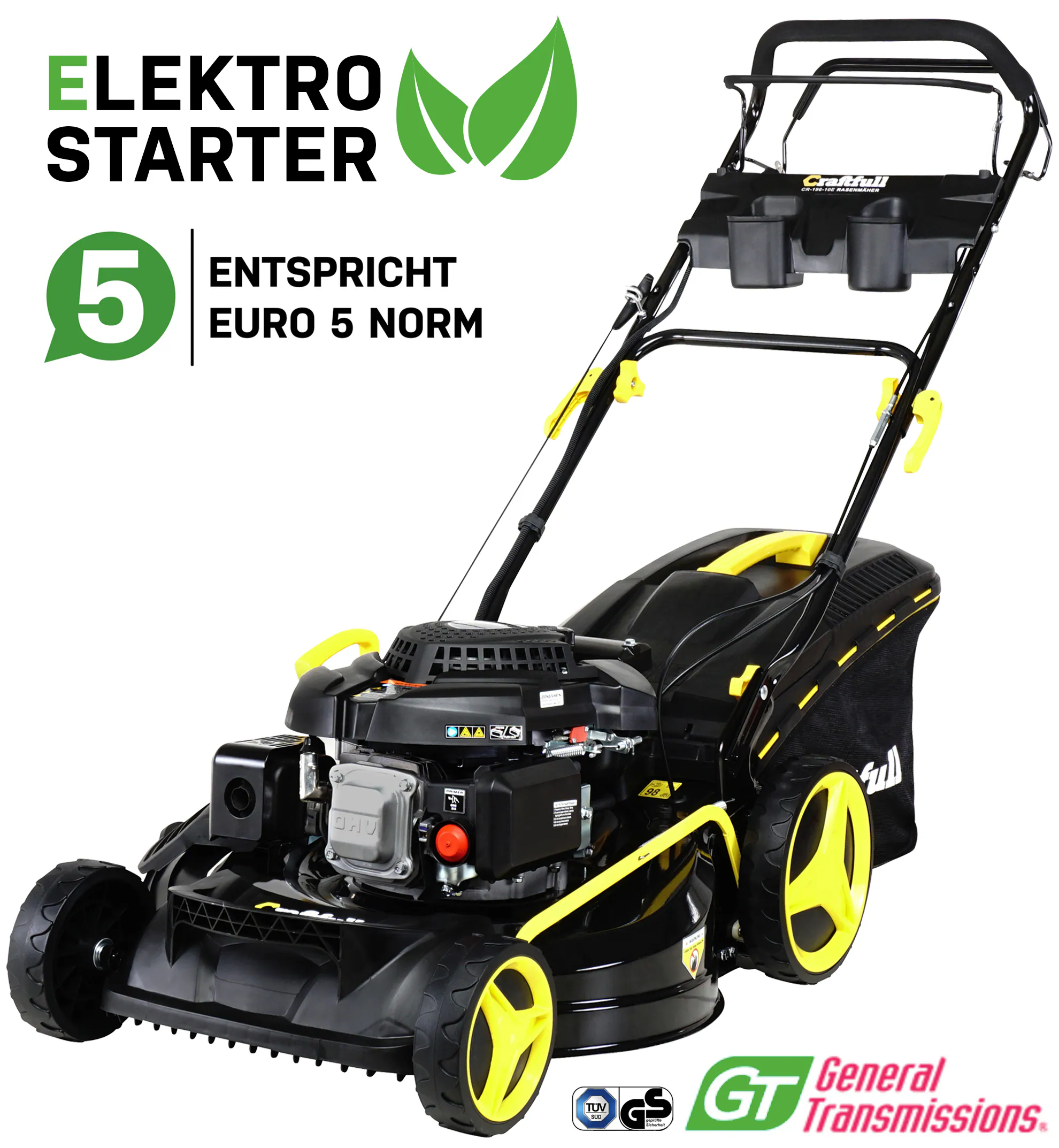 Craftfull Premium Benzin-Rasenmäher CR-196-10E, 5in1, Elektrostarter, 4,4kW, GT-Leichtlaufgetriebe