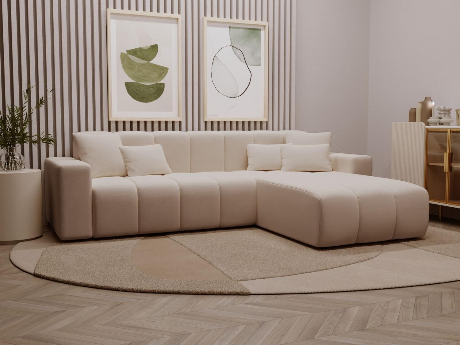 GRAINGOLD Nork Ecksofa 265x180 cm, L-Form Sofa, Ecksofa für Wohnzimmer, Velour, 4-Sitzer Eckcouch, Modernes Design (Beige, Rechts)