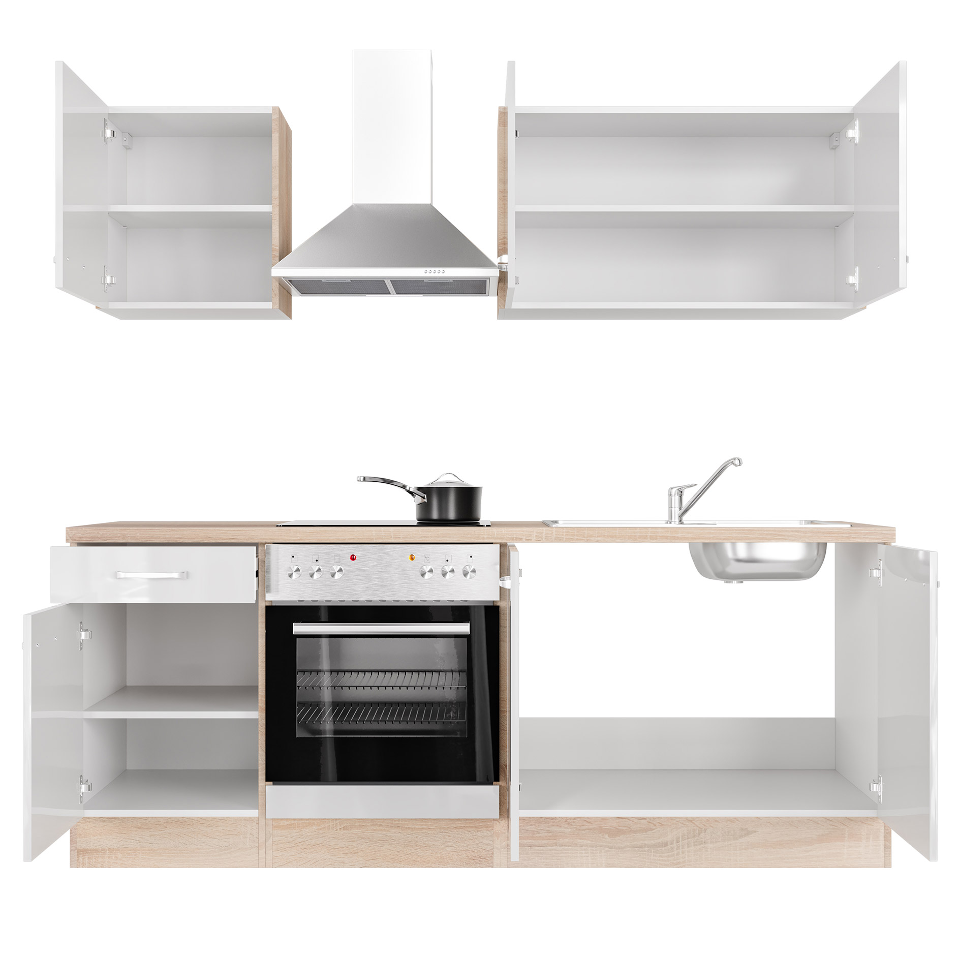 Küchenblock VALERO - weiß Hochglanz - Sonoma Eiche - mit E-Geräten - 210 cm