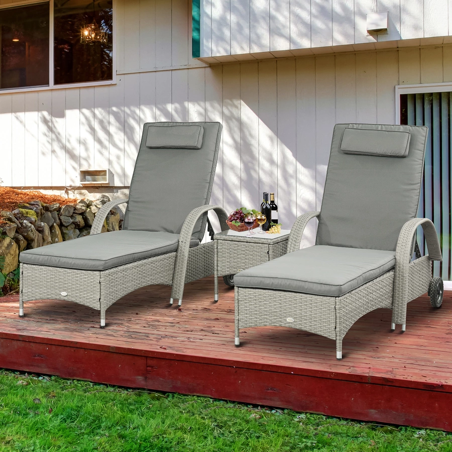 Outsunny Rattan Sonnenliegen mit Tisch grau