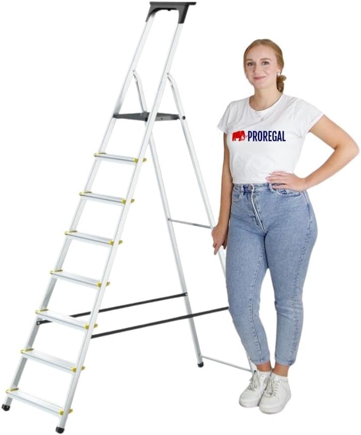 PROREGAL Trapladder met gereedschapsplank Economy Basic Enkelzijdige toegang 8 treden Werkhoogte 3,62 m Draagvermogen 150 kg