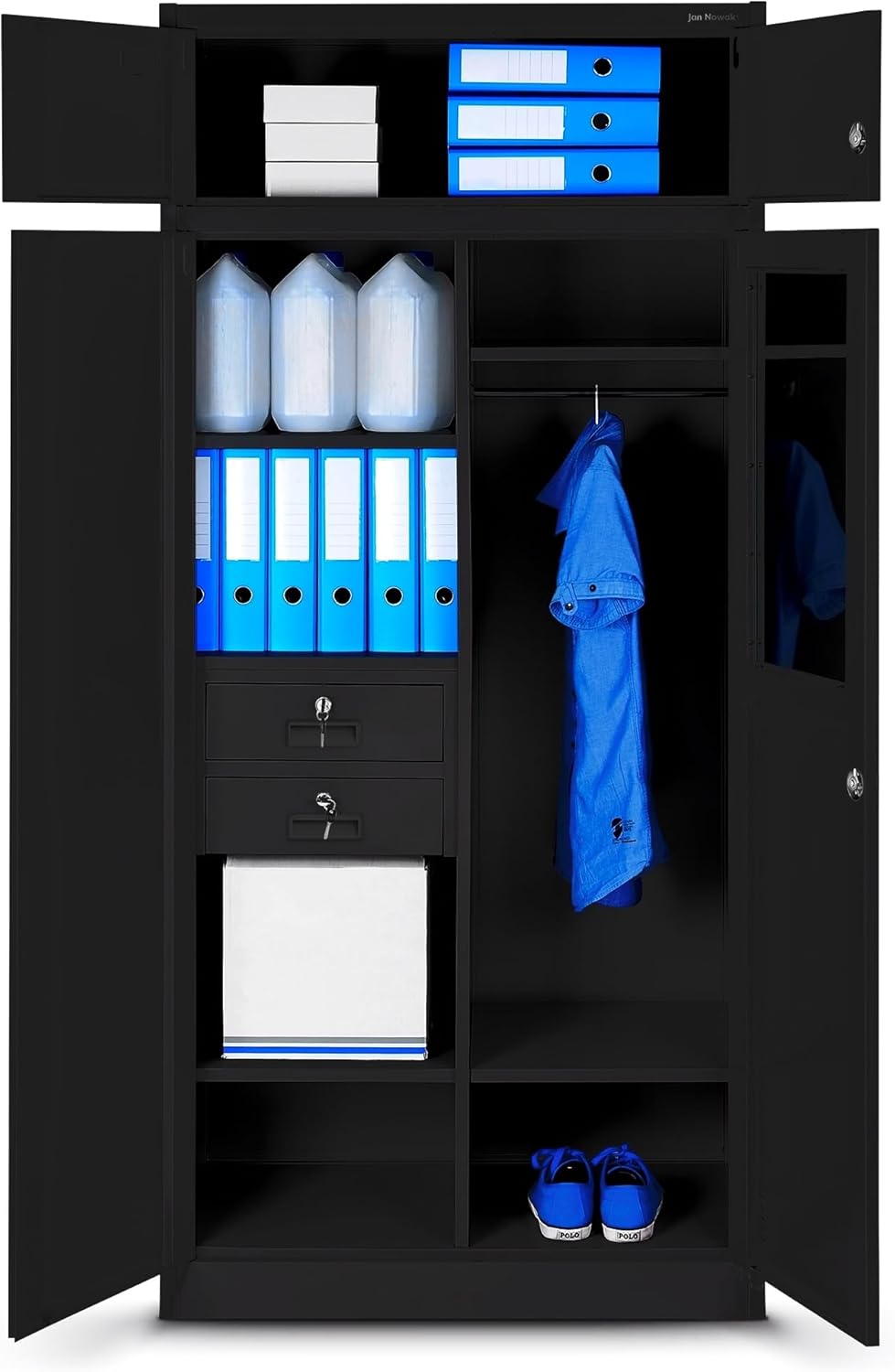 Jan Nowak Aktenschrank, Mehrzweckschrank, Spind Schrank | Geheimfach, 2 Schubladen, 4 Fachböden, Mit Kleiderstange, Spiegel, Pulverbeschichtet, Abschließbar, Metall | 185 cm x 90 cm x 50 cm Schwarz