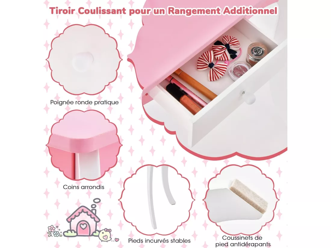 2 en 1 Coiffeuse Enfants avec Tabouret & Miroir Amovible à 3 Volets, Table de Maquillage avec Tiroir & Dispositif Anti-basculement, Charge 70/50kg pour Enfants de 3 Ans+