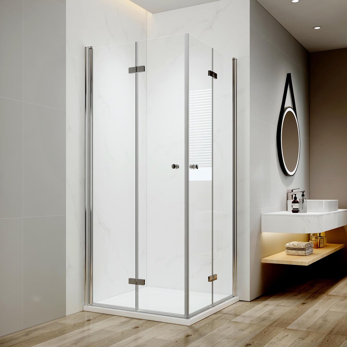 EMKE Hoekdouchecabine, Hoekinstap, Hoogte 185 cm, Douchewand, BxD: 90x100 cm, Douchewand 6 mm ESG Nanoglas, Hef- en daalmechanisme, Vouwdeur, Chroom