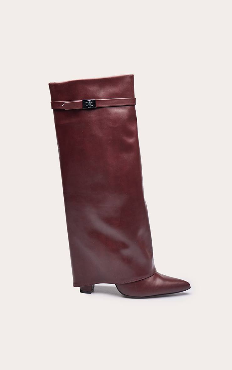 Rouge Bordeaux Botte Haute À Talon Bloc Bout Pointu Avec Revers