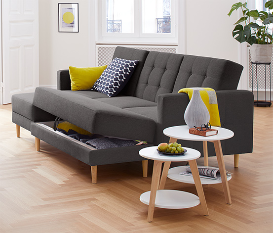 Federkern-Eckschlafsofa mit Stauraumbank