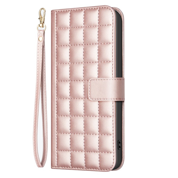 iPhone 16e Leder Tasche Flip Cover Kartenfächer Gittermuster   Handschlaufe - Roségold