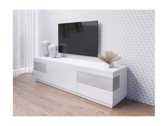 Meuble TV XL design 200cm collection KILES. Coloris blanc et gris.