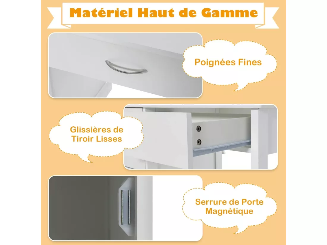 Bureau Enfants avec Chaise Ergonomique & Niches, Table d'Étude en Bois avec 2 Placards & Tiroir, Dispositif Anti-Basculement, Table Multifonctionnelle pour Dessiner Lire, 90x46x81cm, Blanc