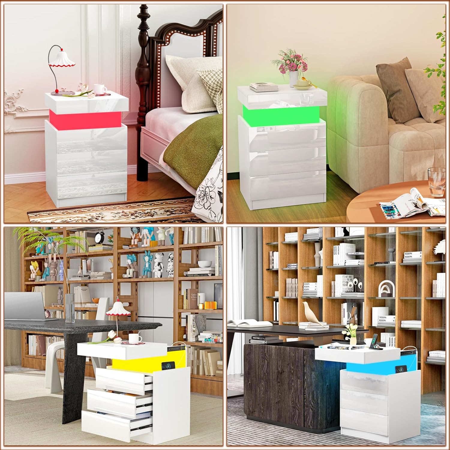 Nachttisch weiß led, 3 Schubladen, Nachttisch mit USB, AC Steckdosen, 2 USB-Anschlüsse, Hochglanz, Verstecktem Schublade, Beistelltisch Nachtschrank für Schlafzimmer Wohnzimmer