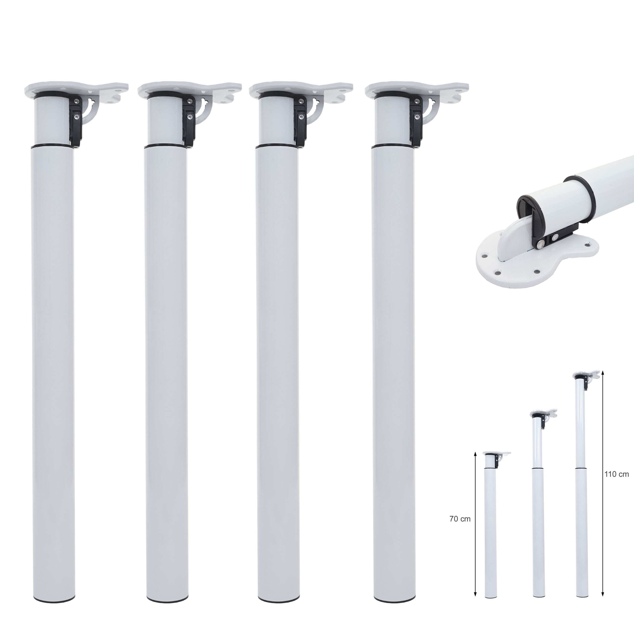 4er-Set Tischbein MCW-H35, für Schreibtisch Esstischfuß, klappbar Drehmechanismus höhenverstellbar 70-110cm ~ weiß