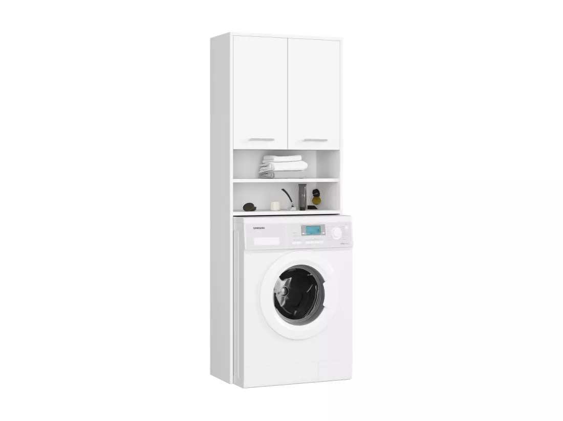 meuble machine a laver 2 portes façade blanc 4 étagères 64x30x180 cm