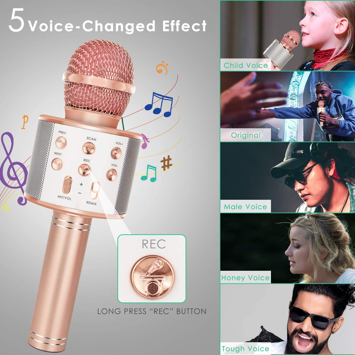Karaoke Mikrofon mit Bluetooth / AUX / TF-Karte und integriertem Lautsprecher (iOS/Android) - Roségold