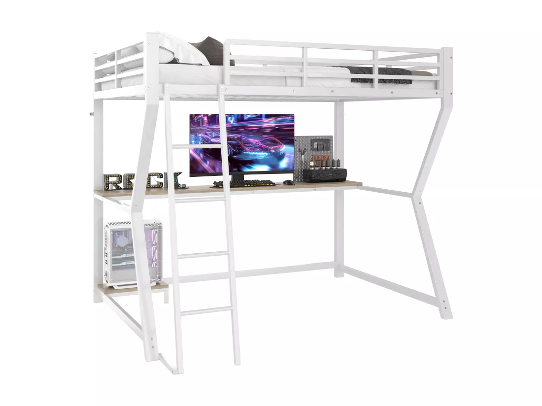 Lit mezzanine 90x200cm avec LED et prises - bureau + escalier - Blanc