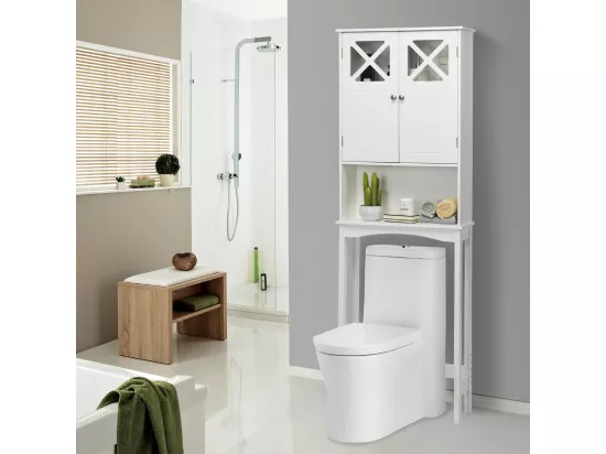 Meuble WC au-Dessus des Toilettes Étagère de Rangement de Salle de Bain Hauteur Réglable 2 Portes avec Verre Trempé, Blanc