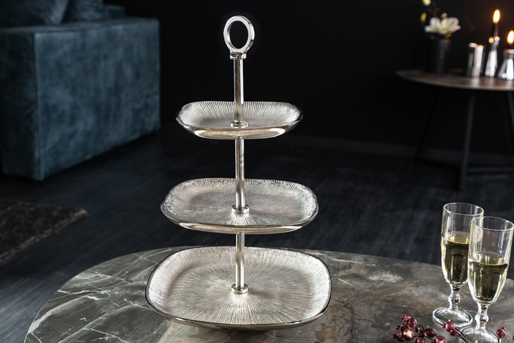 Moderne Etagere ORIENT 45cm silber Hammerschlag-Design mit drei Etagen