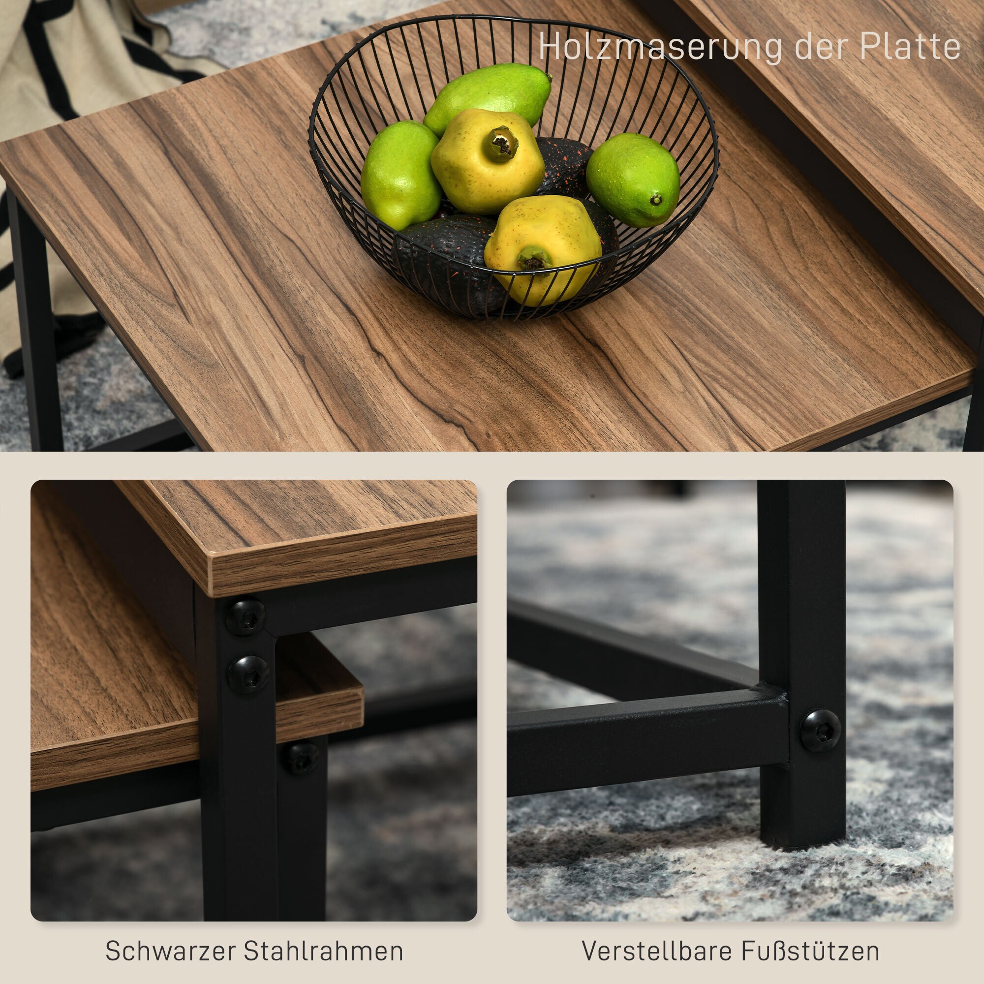 HOMCOM Couchtisch-Set mit Stahlrahmen natur 60L x 60B x 45H cm