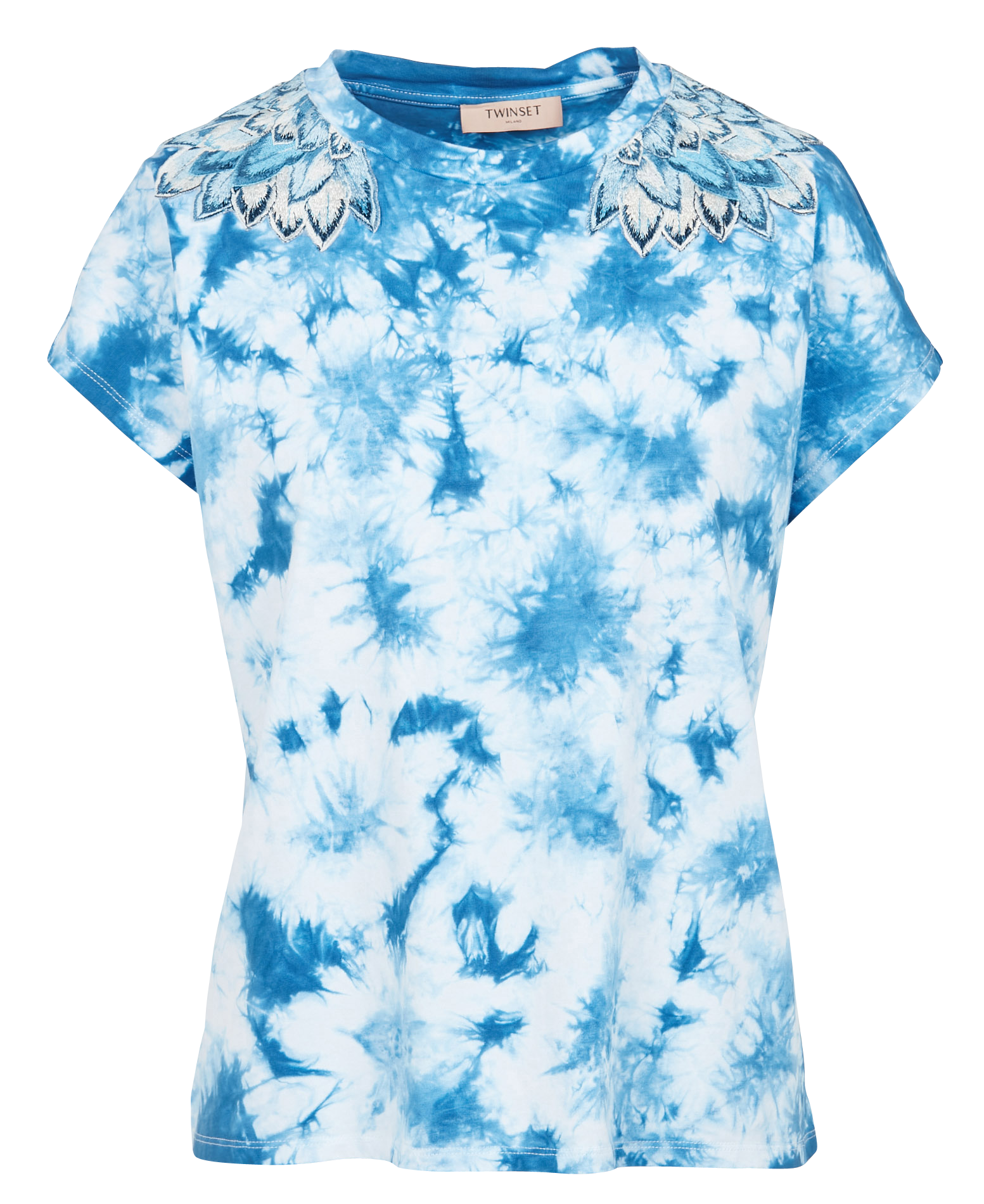 Tee-shirt col rond imprimé tie and dye et brodé en coton | Bleu