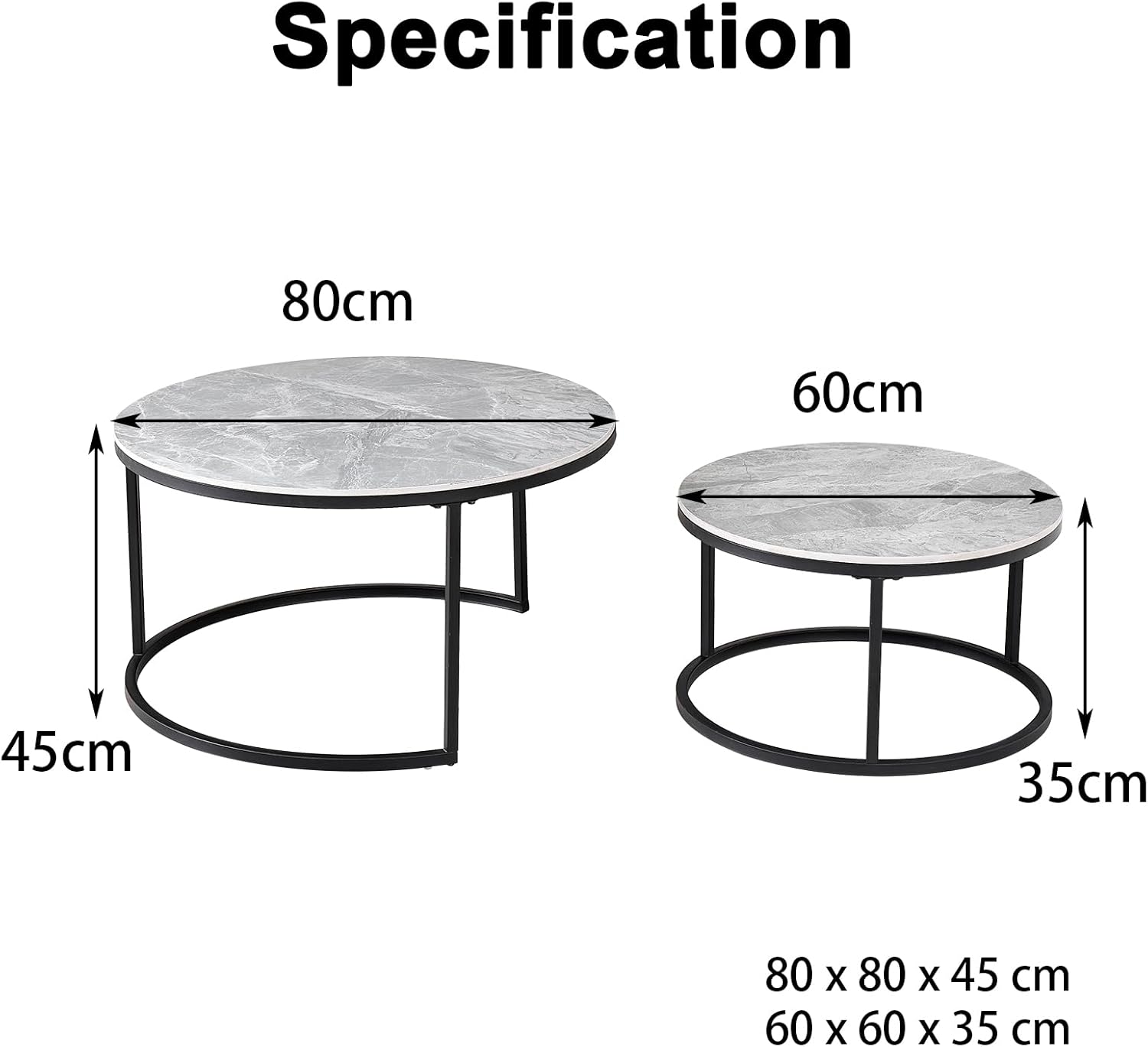 2er-Set Marmor-Couchtische mit Grauer Marmorplatte und Schwarzem Metallgestell, Moderner Runder Beistelltisch fürs Wohnzimmer – 80 x 80 x 45 cm
