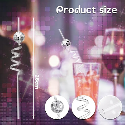 (8er Set) 26cm Wiederverwendbare Party Spiral Strohhalme Discokugel Trinkhalme inkl. Reinigungsbürste - Bunt