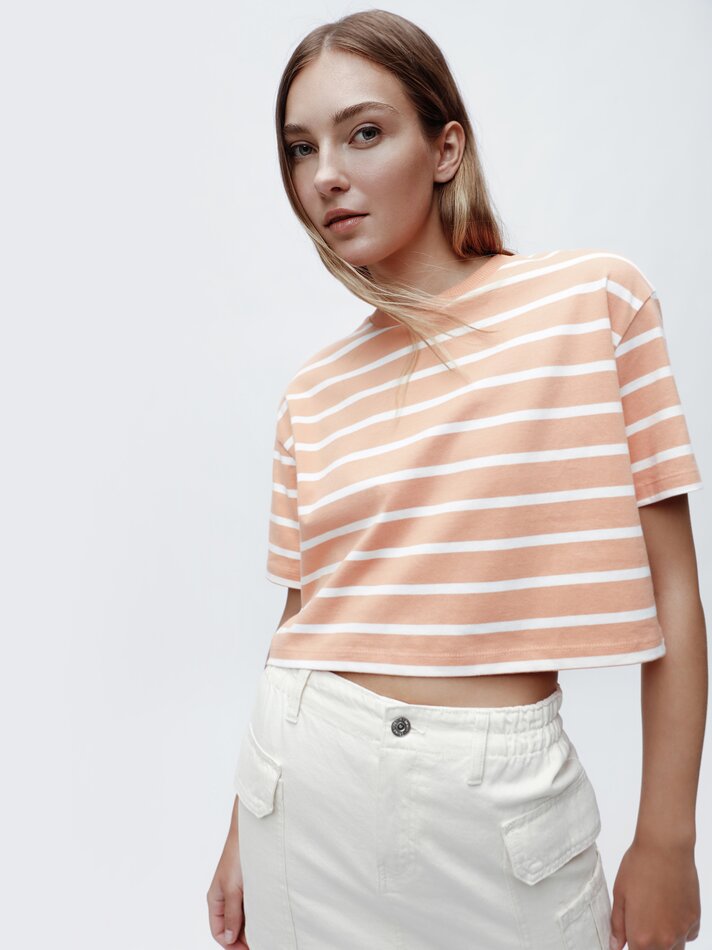 Camiseta cropped de manga curta - Branca/laranja